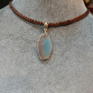 Braided Brown Leather Choker with Blue Agate Pendant